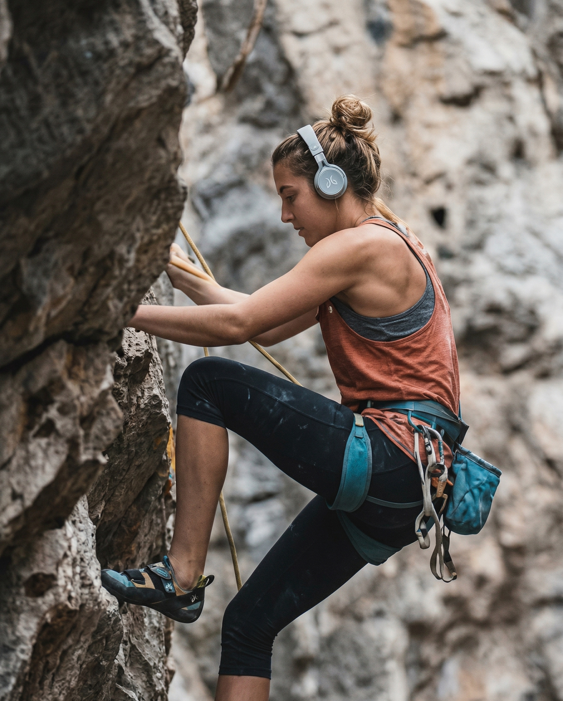 Woman rock climbing outdoors